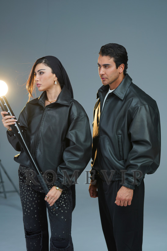 کاپشن چرم باکسی مشکی